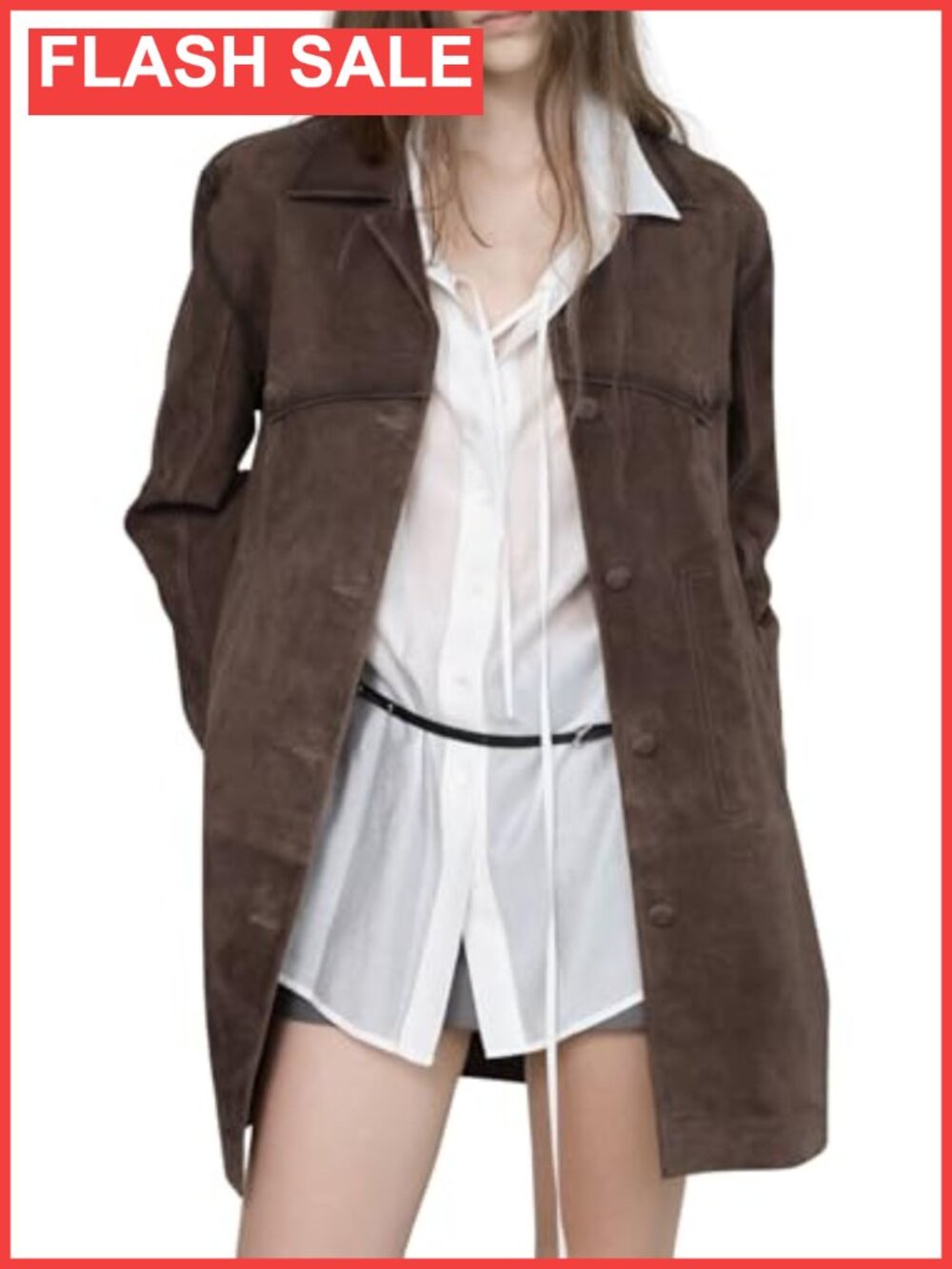 Faux Suede Leather Shacket Mid Long Button Down Jacket Coat